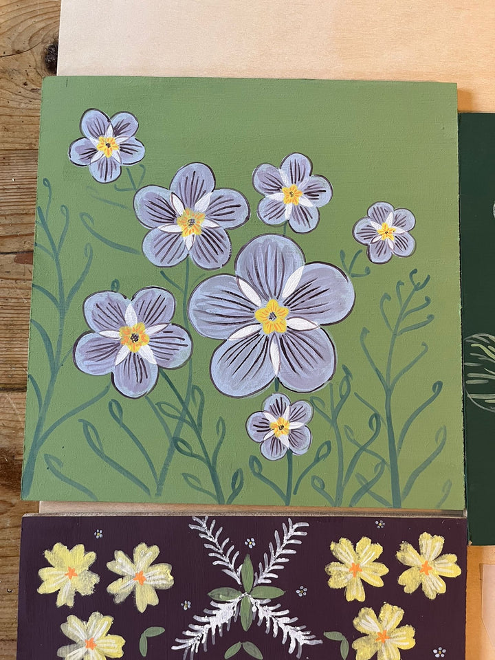 Adding Botanical Detail – Chalk Paint Workshop with Lily Faith | 11 March - floral designs on green background.