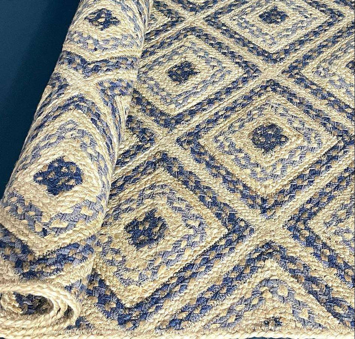 Mosaic design denim and jute braided rug for sale at Source for the Goose, Devon