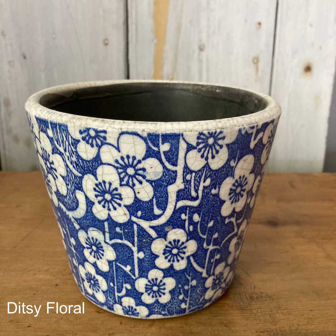 Blue Dutch Style Ditsy Floral Flowerpot