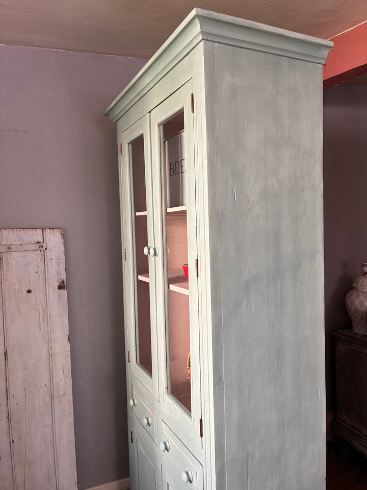 Duck Egg Blue Glazed Kitchen Dresser with glazed cupboard and pale pink interior shelves.