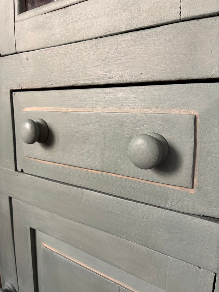 Close-up view of Duck Egg Blue Glazed Kitchen Dresser drawers showing rustic handles and detail.