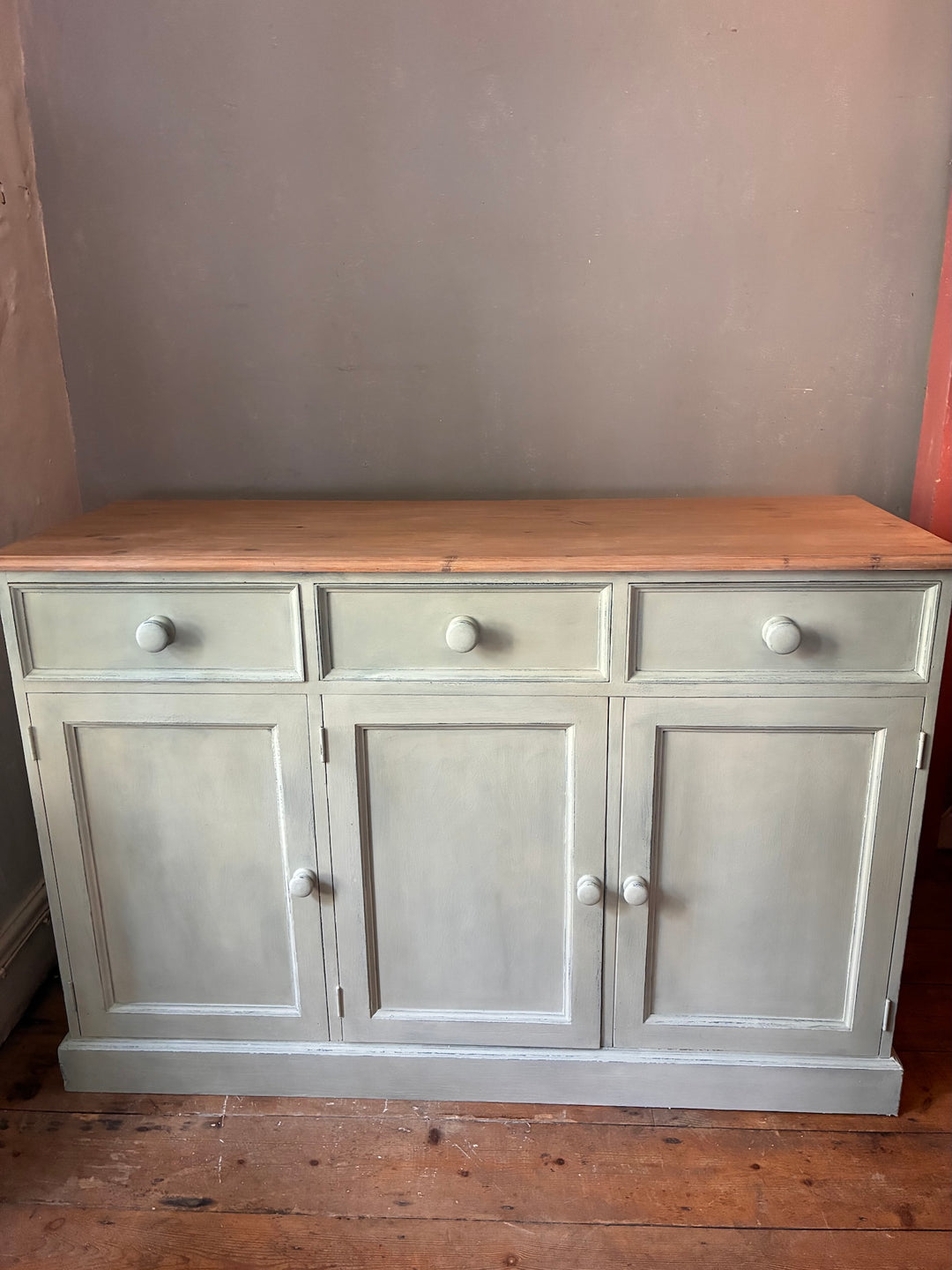 Duck Egg Painted Sideboard with Wooden Top showcasing a rustic vintage design and distressed finish.