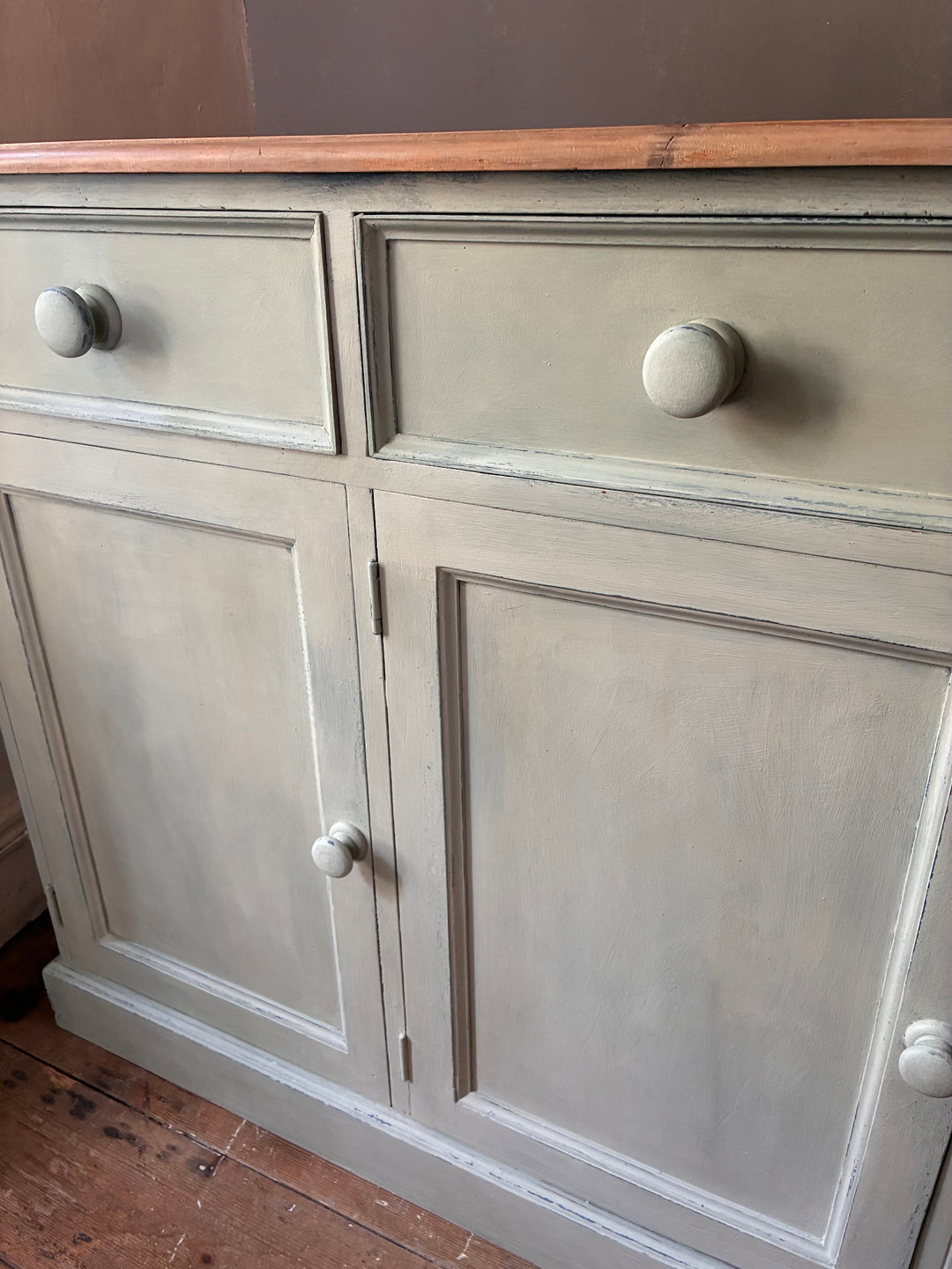 Duck Egg Painted Sideboard with Wooden Top close-up view showing distressed finish and wooden top.