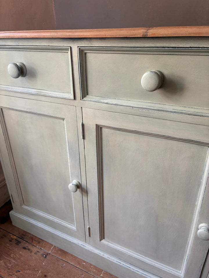 Duck Egg Painted Sideboard with Wooden Top close-up view showing distressed finish and wooden top.