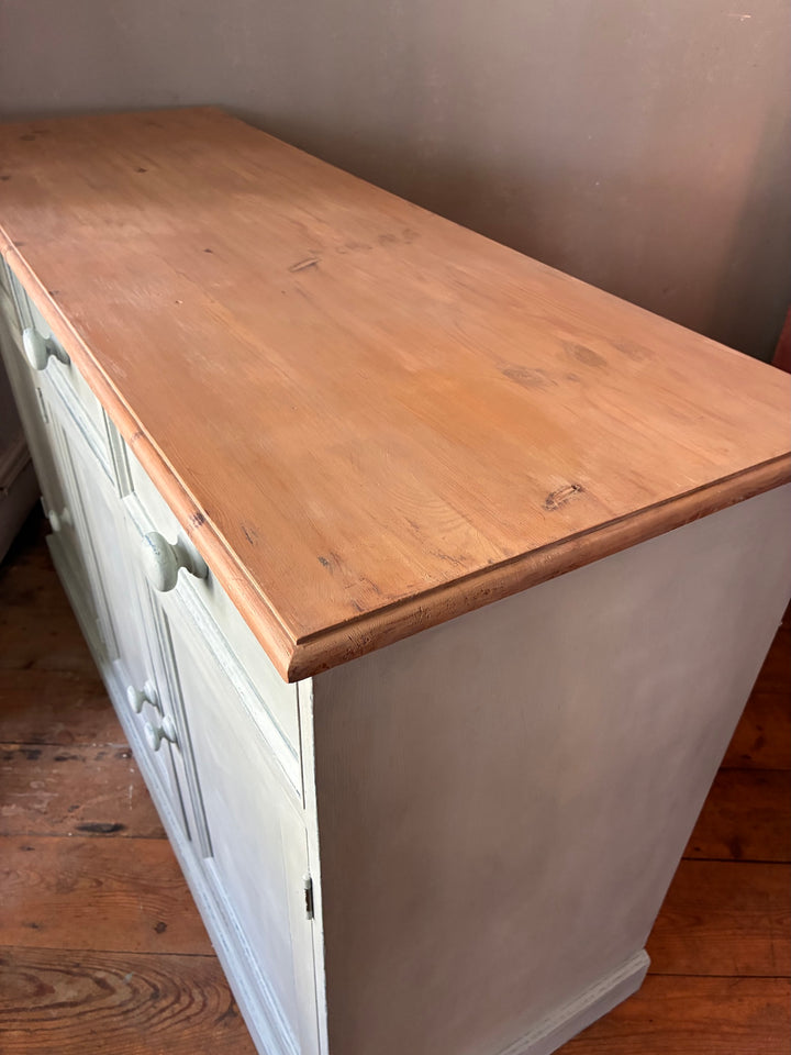 Duck Egg Painted Sideboard with Wooden Top showing the beautifully finished wooden top.