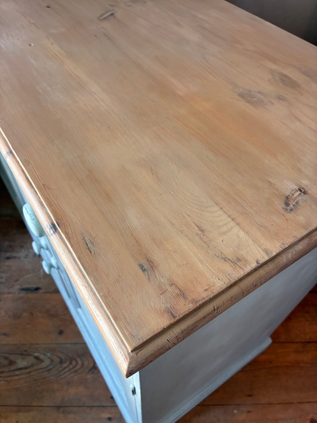 Duck Egg Painted Sideboard with Wooden Top - Close-up of rustic wooden surface.