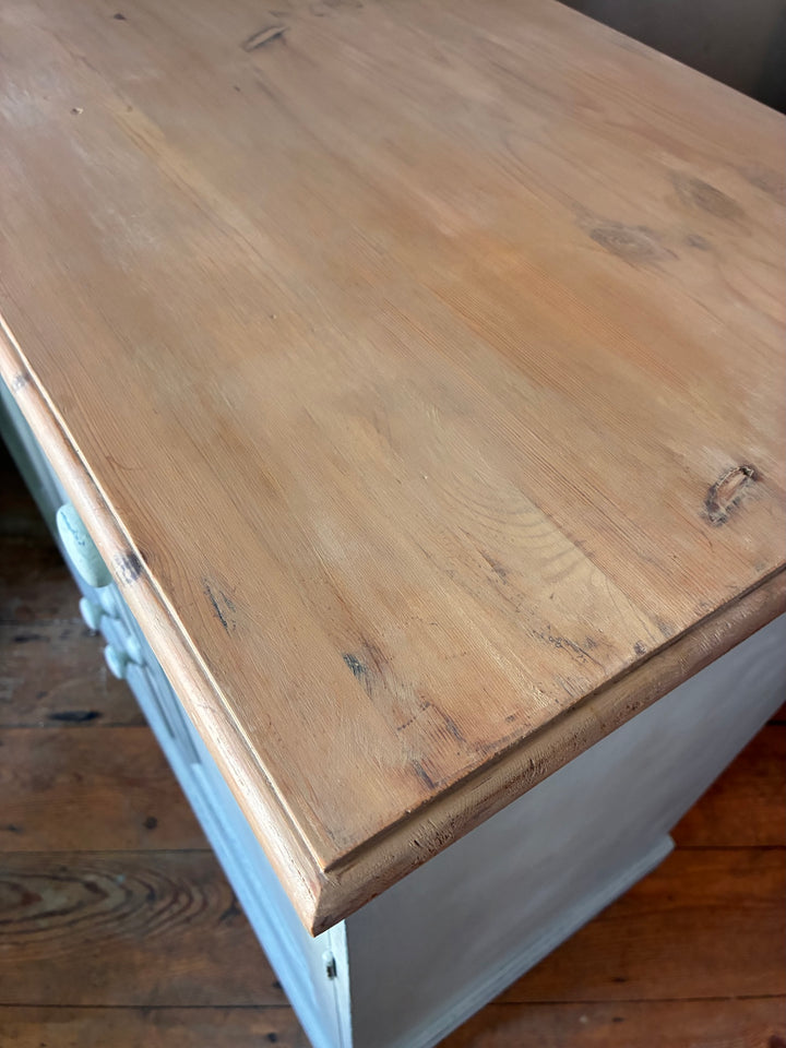 Duck Egg Painted Sideboard with Wooden Top - Close-up of rustic wooden surface.