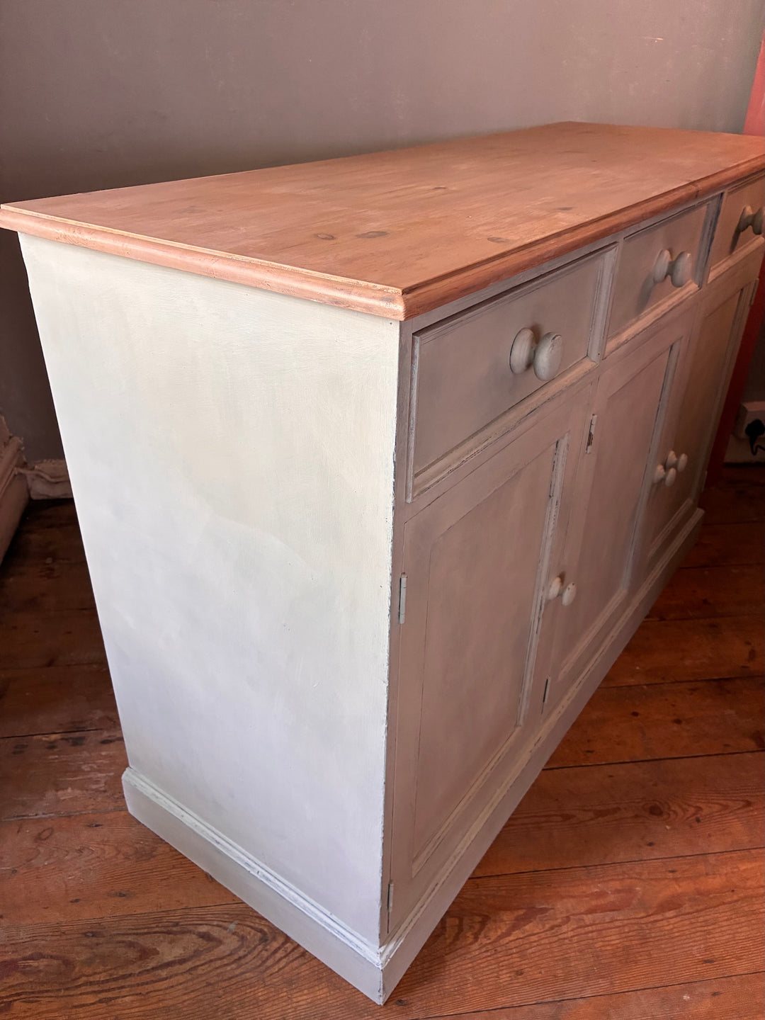 Duck Egg Painted Sideboard with Wooden Top showcasing a rustic design and naturally distressed finish.