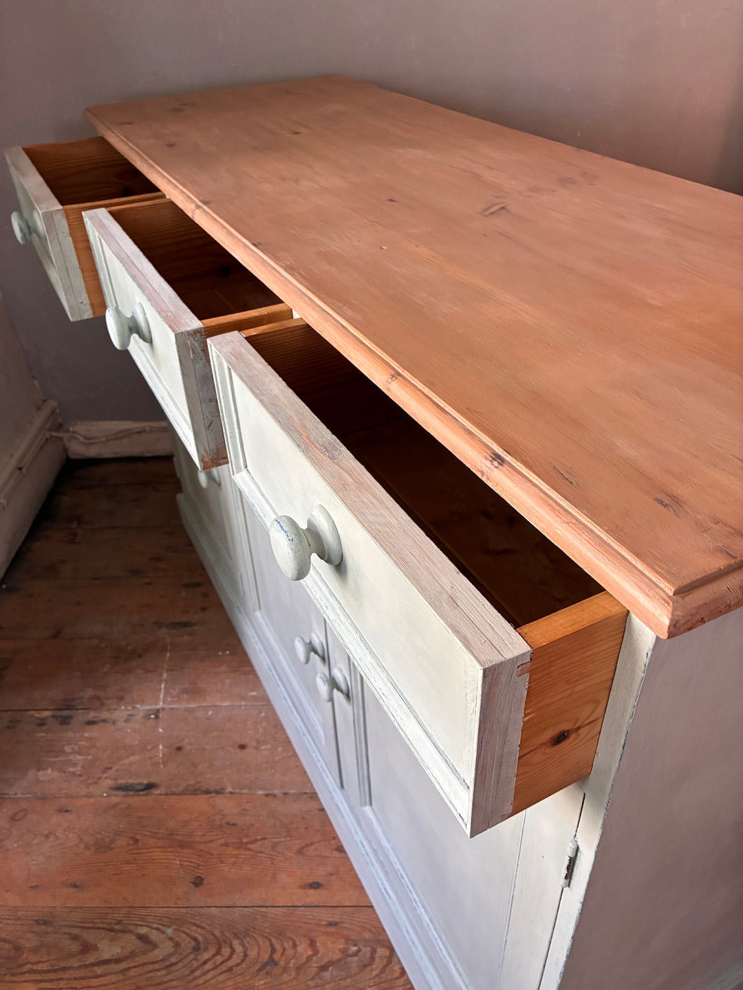 Duck Egg Painted Sideboard with Wooden Top showcasing open drawers and rustic wood finish