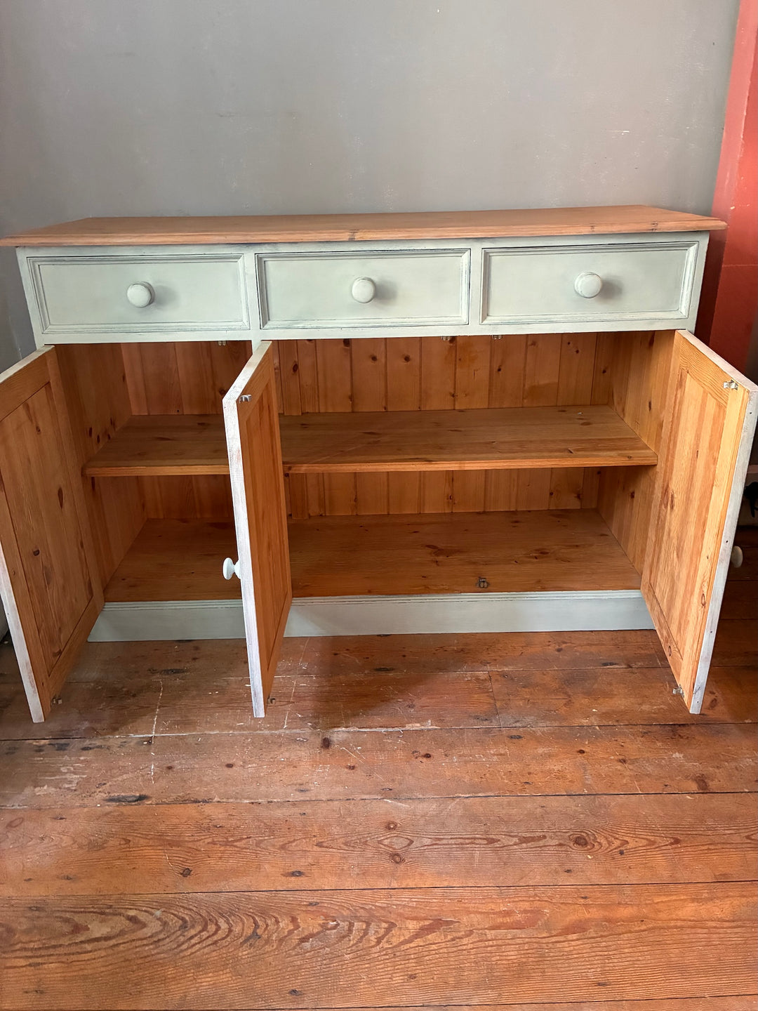 Duck Egg Painted Sideboard with Wooden Top featuring three drawers and open storage compartments.