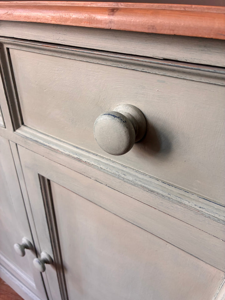 Duck Egg Painted Sideboard with Wooden Top drawer knob and finish detail close-up.