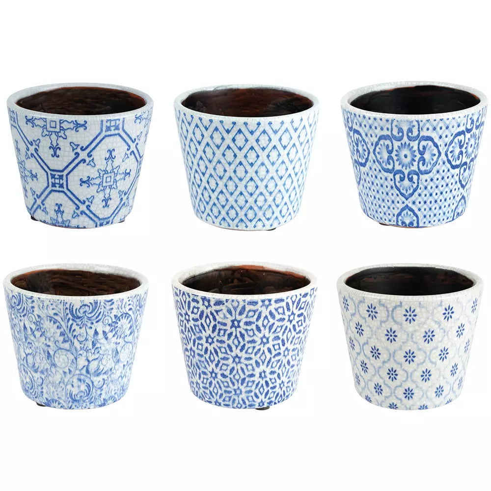 Set of six handcrafted pretty blue Dutch style vintage flowerpots with intricate designs by Source for the Goose Devon.