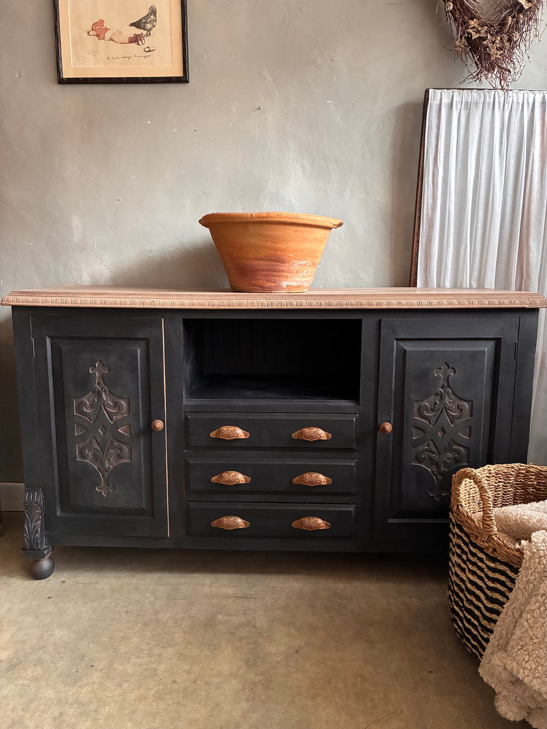 Deep Black Oak Sideboard - Hand Painted with carved details and a rustic top, perfect for any interior.