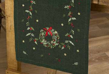 Embroidered Christmas Wreath Table Runner featuring intricate wreath and holly design from Source for the Goose, Devon.