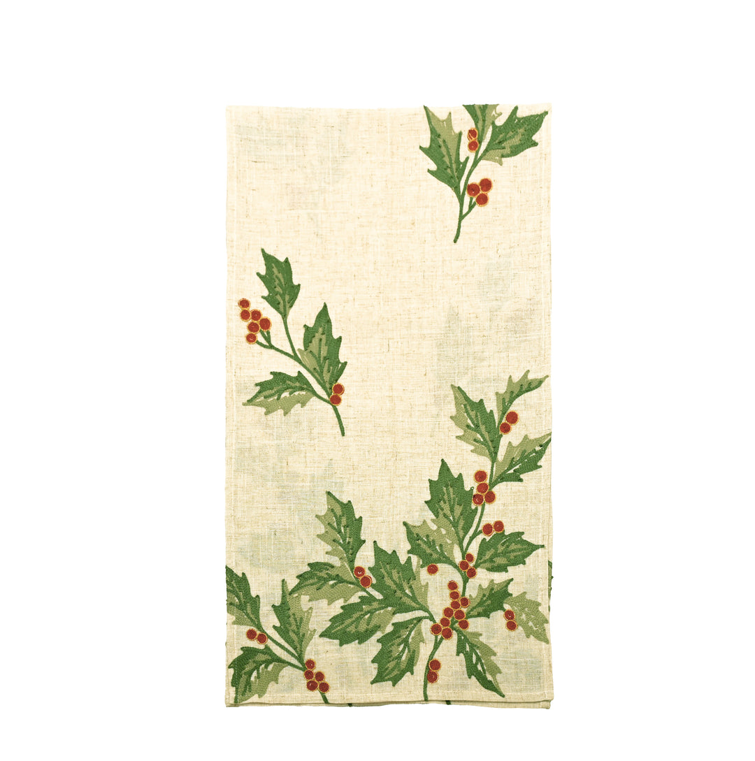 Embroidered Festive Holly Berry Table Runner on a light linen background, perfect for holiday dining decor.