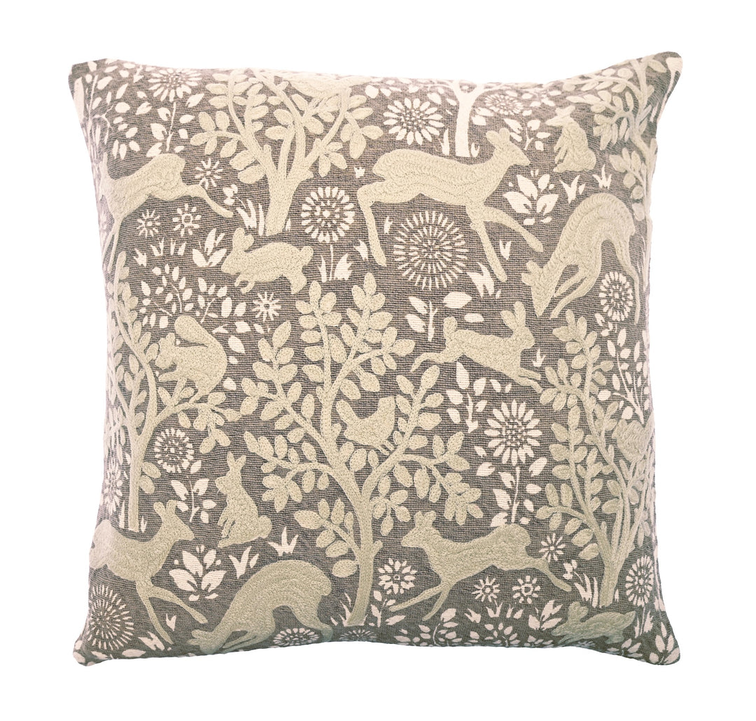 Embroidered Woodland Cushion featuring deer, rabbits, and foliage in soft taupe and cream tones for woodland charm.