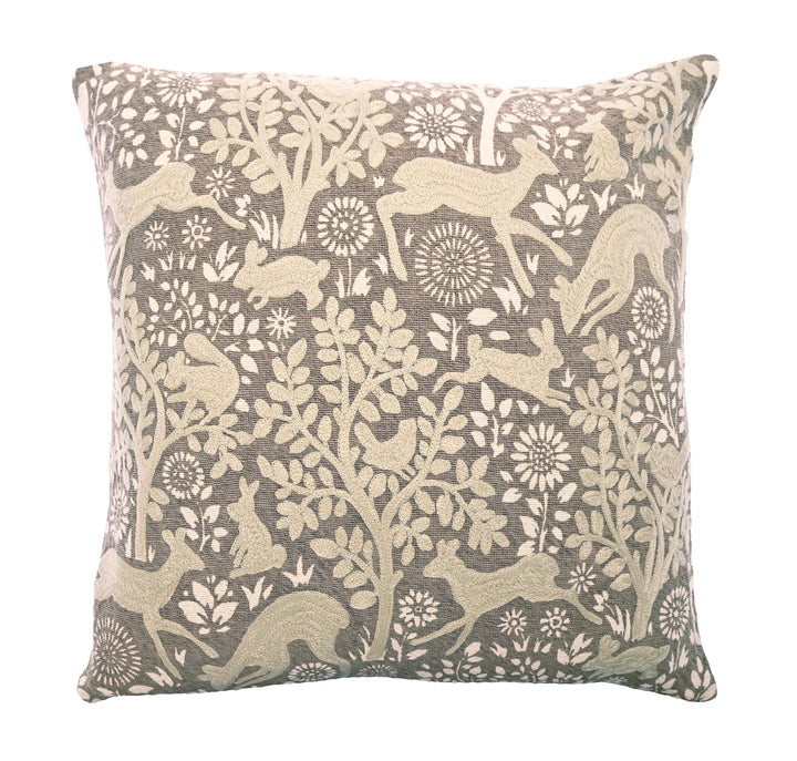 Embroidered Woodland Cushion featuring deer, rabbits, and foliage in soft taupe and cream tones for woodland charm.