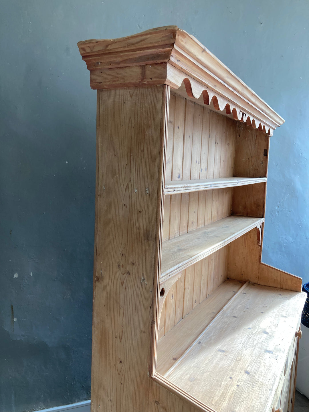 some minor damage to cornice on top of European Pine Dresser