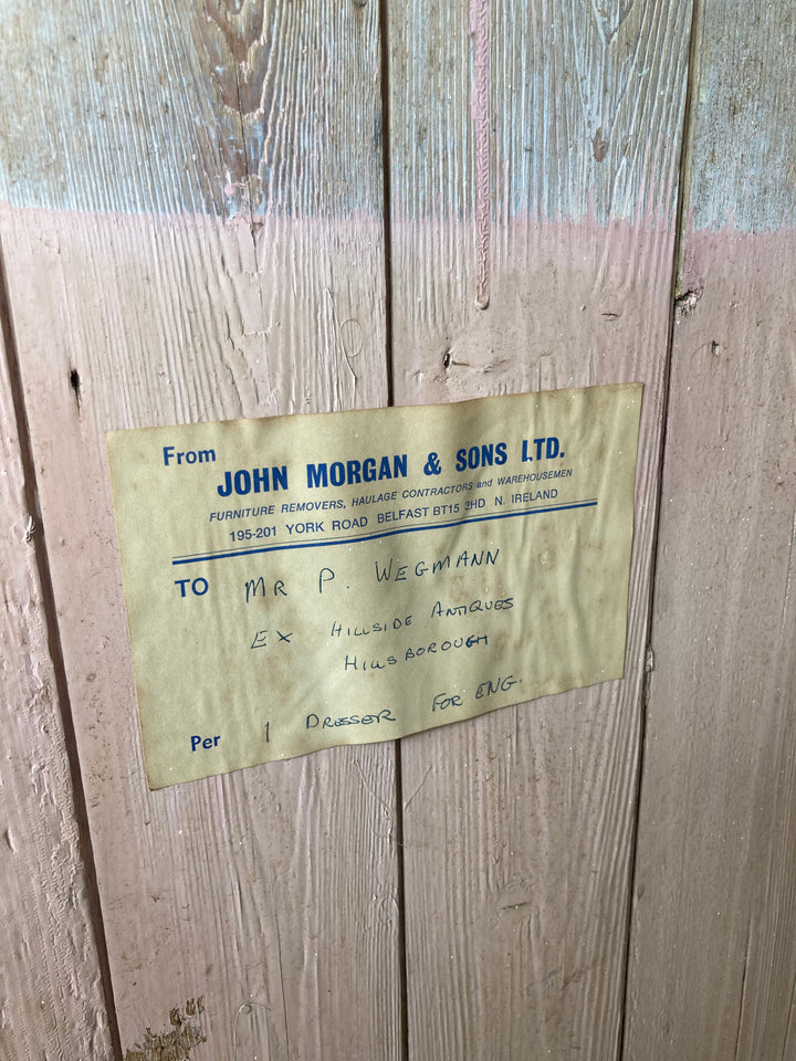 old shipping label on rear of European Pine Dresser