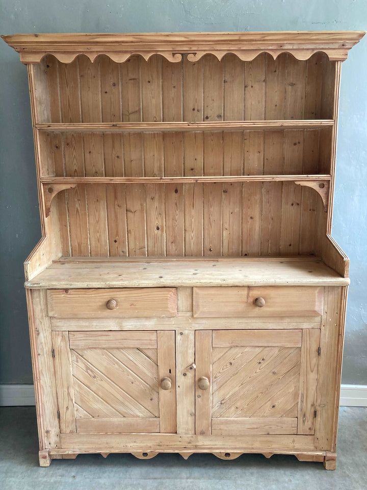 antique pine dresser with plate rack with two shelves, tow drawers with cupboard underneath
