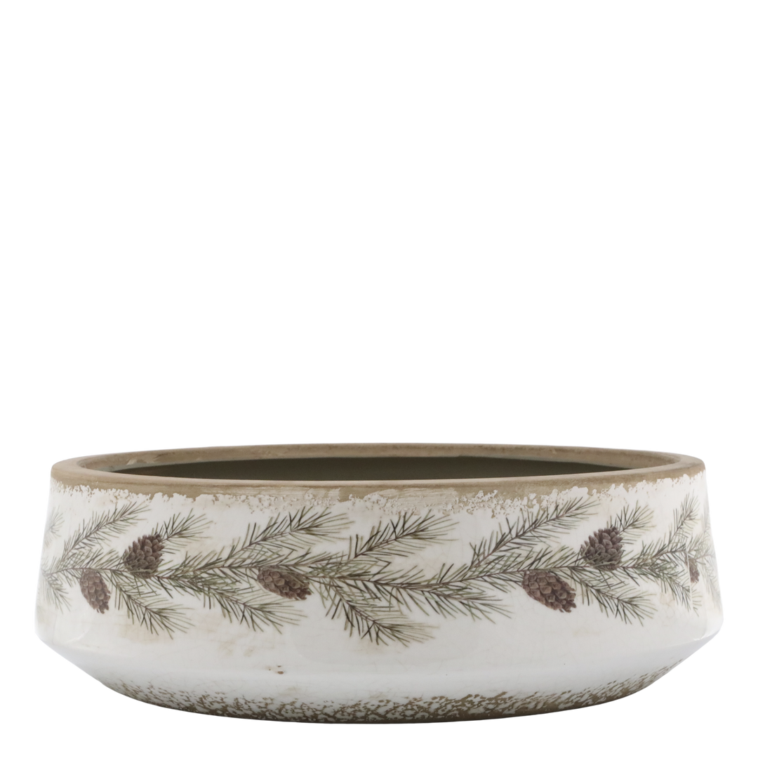 Fir Cone Decorative Planter Bowl by Source for the Goose, featuring spruce branches and pine cones, perfect for autumn decor.
