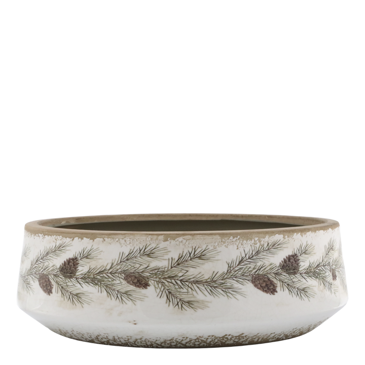 Fir Cone Decorative Planter Bowl by Source for the Goose, featuring spruce branches and pine cones, perfect for autumn decor.