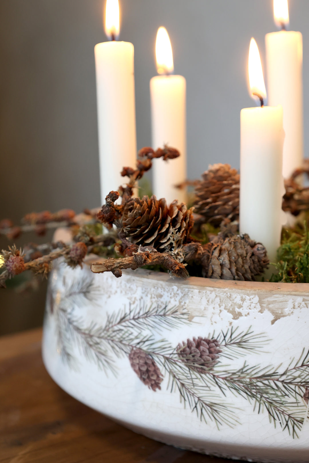 Fir Cone Decorative Planter Bowl with candles and pine cones, perfect for autumn and winter decor from Source for the Goose, Devon.