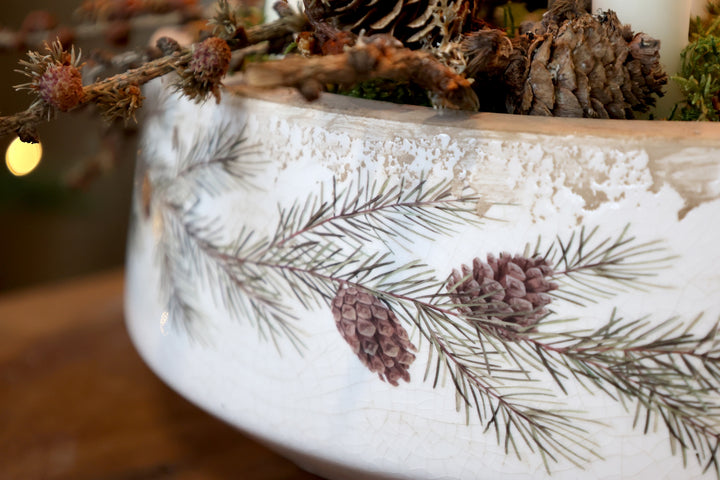 Fir Cone Decorative Planter Bowl with vintage pine branch design, perfect for autumn and winter decor from Source for the Goose Devon.