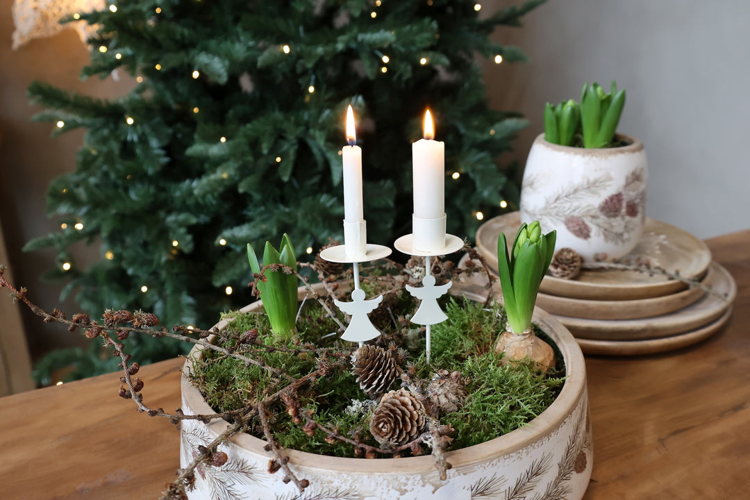 Fir Cone Decorative Planter Bowl with candles, moss, and flowers, perfect for autumn decor from Source for the Goose, Devon.
