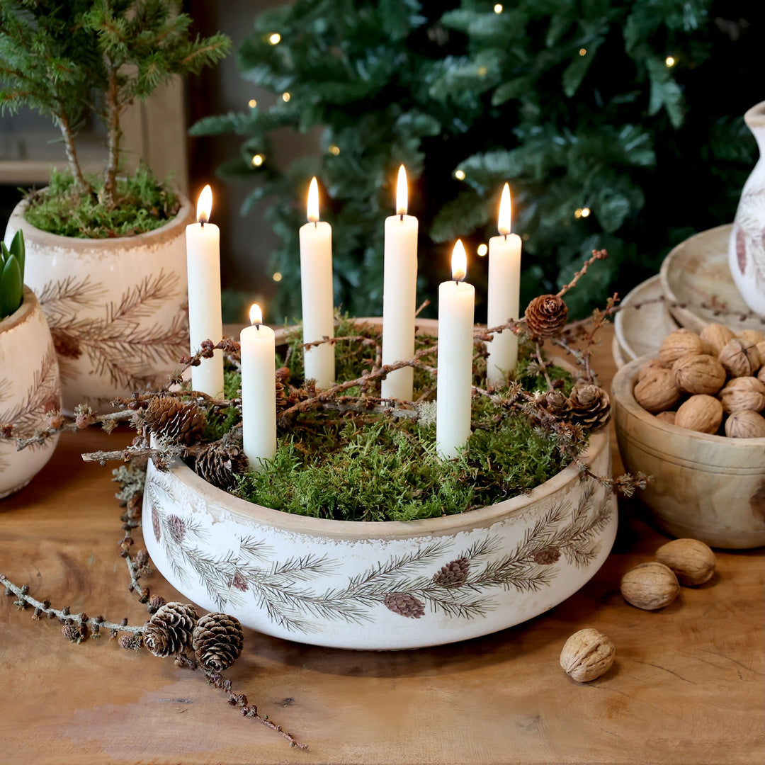 Fir Cone Decorative Planter Bowl featuring candles, moss, and pine cones, perfect for autumn decor by Source for the Goose, Devon.