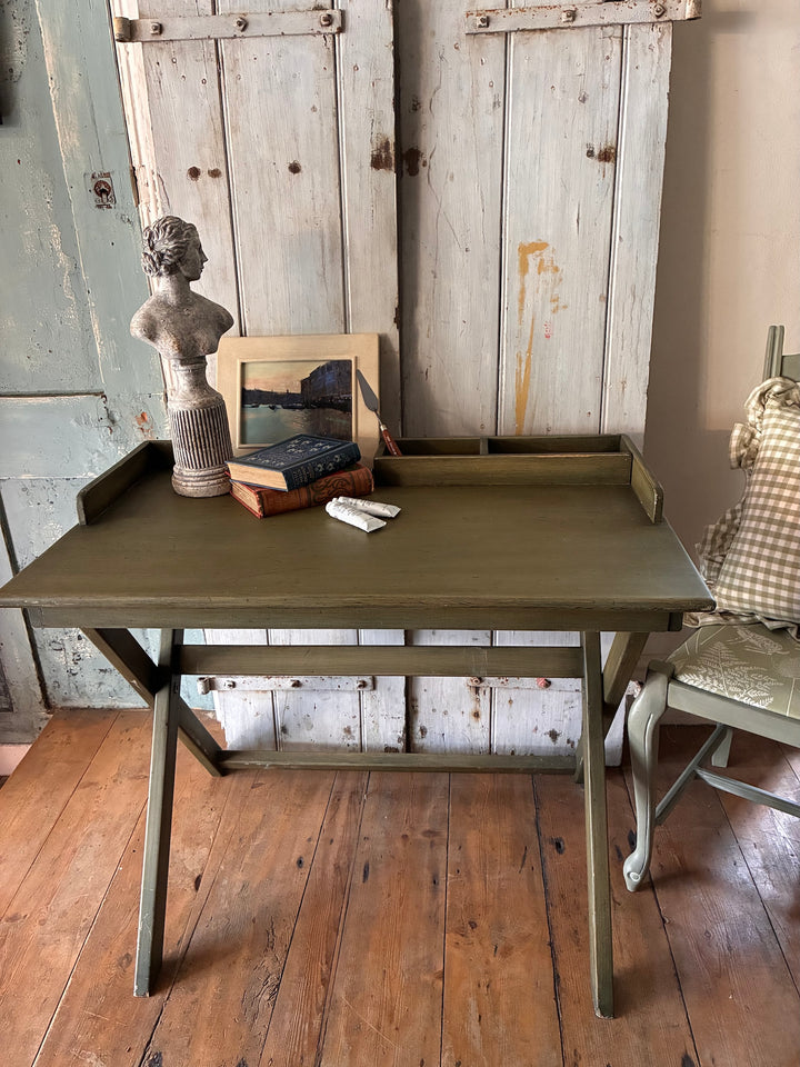 Folding Butlers Tray Desk Table in soft olive green with removable section for storage