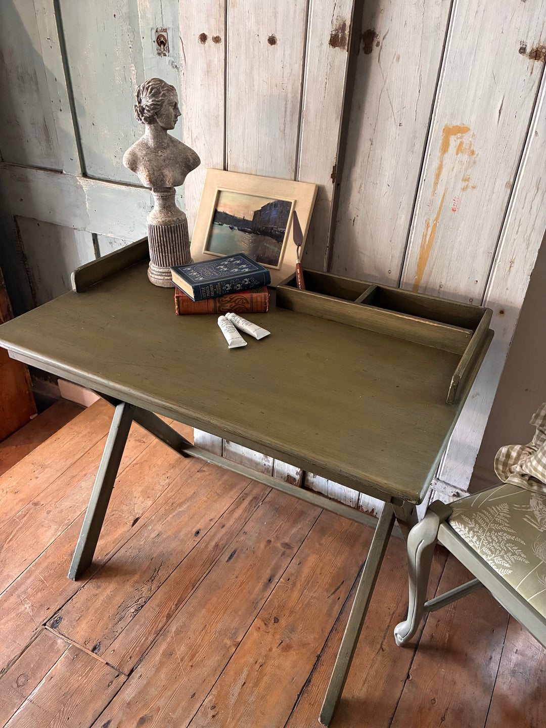Folding Butlers Tray Desk Table in olive green finish with removable storage compartment.