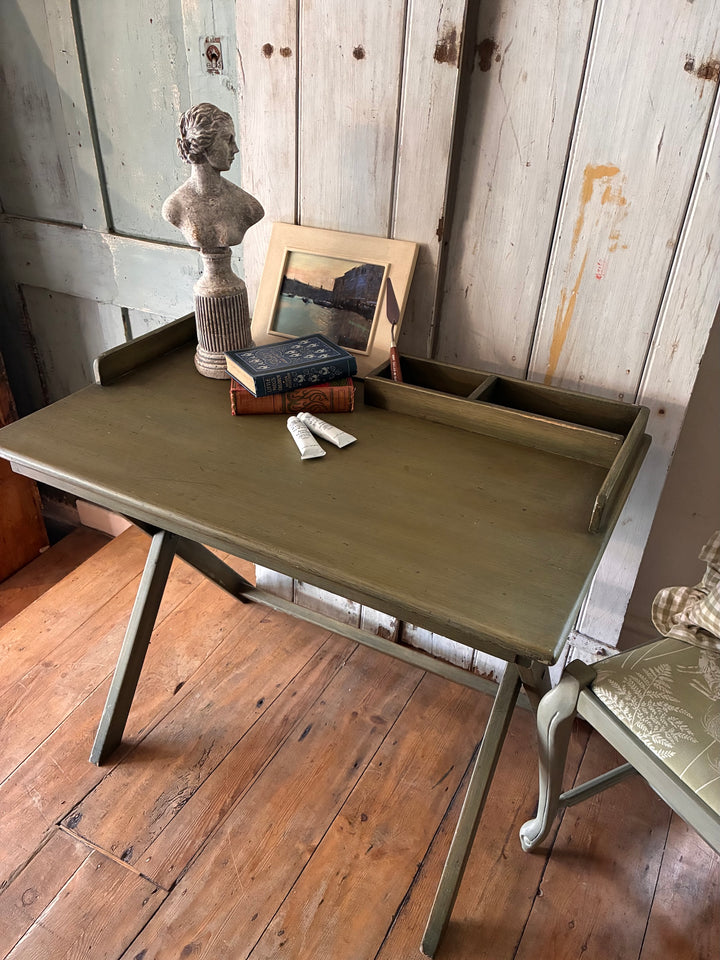 Folding Butlers Tray Desk Table in olive green finish with removable storage compartment.
