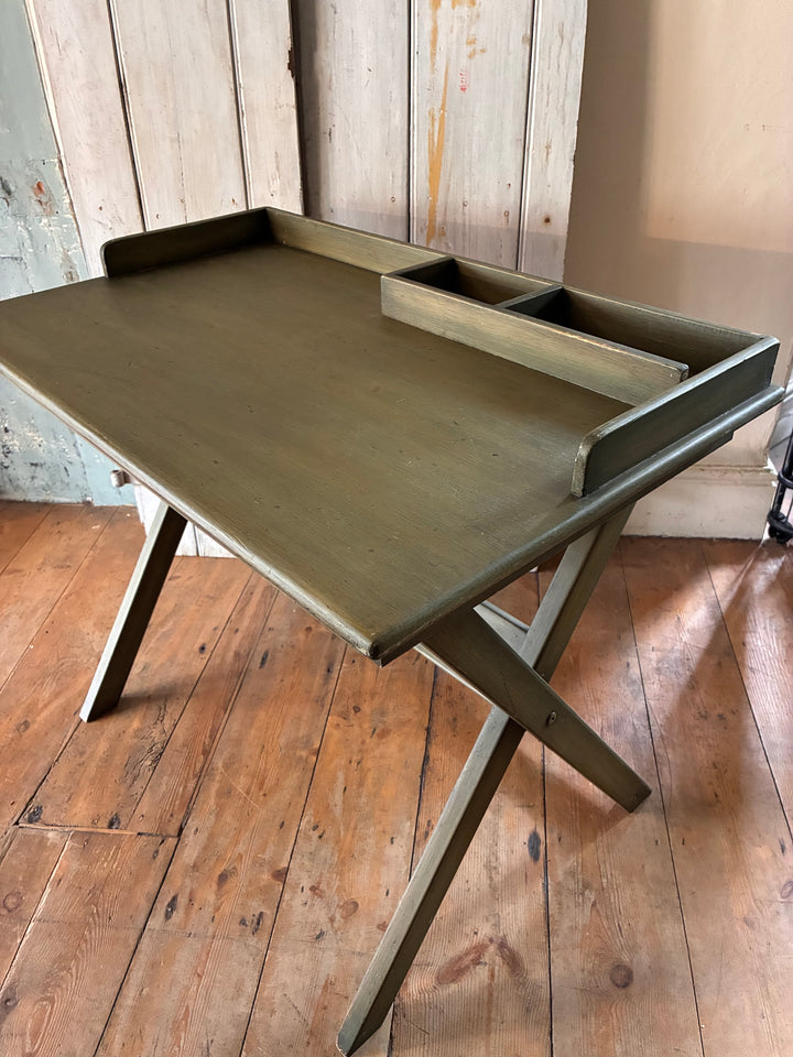Folding Butlers Tray Desk Table in soft olive green with removable storage and galleried back.