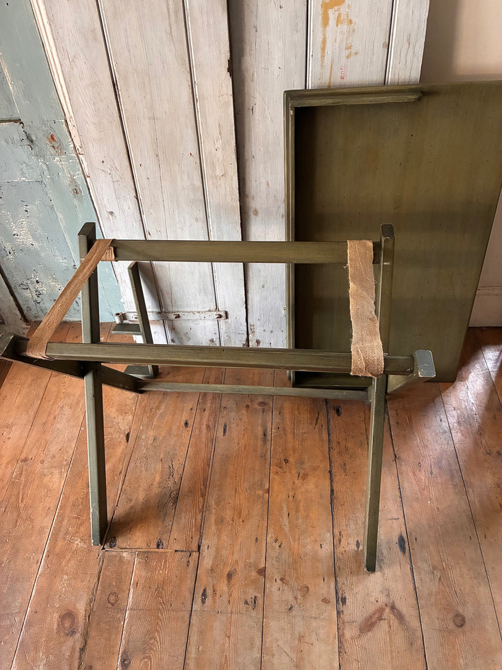 Folding Butlers Tray Desk Table with olive green finish and removable section for storage.