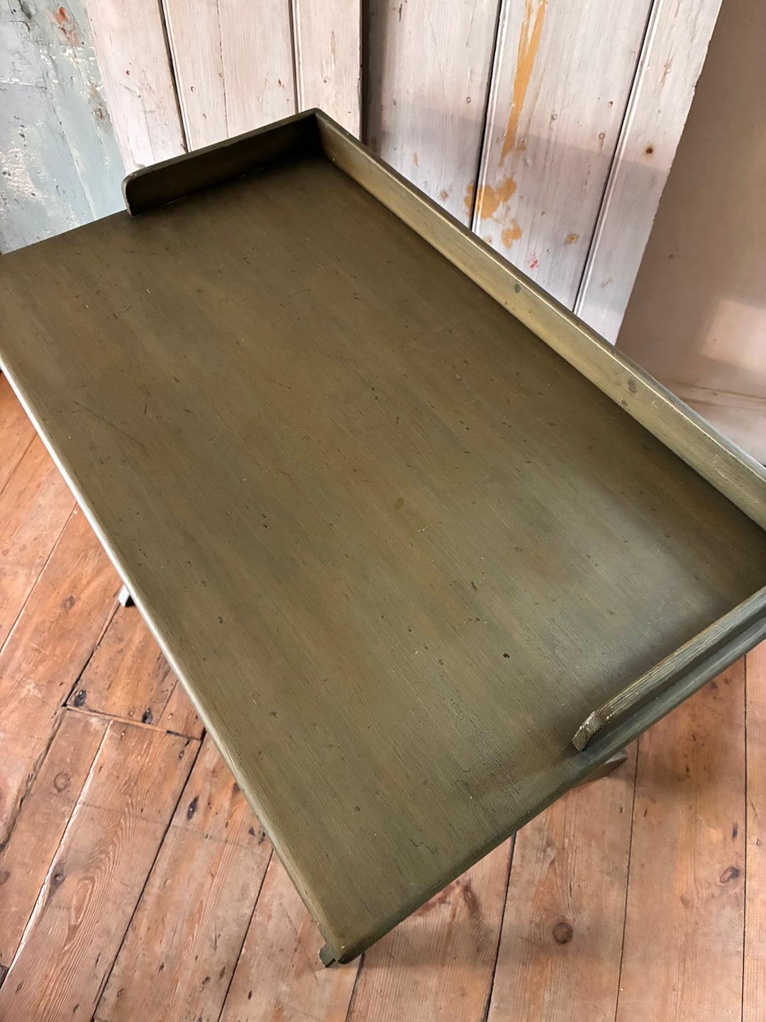 Folding Butlers Tray Desk Table top view in olive green finish, showcasing galleried back for storage.