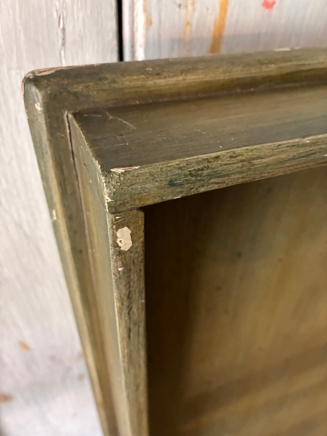 Folding Butlers Tray Desk Table showing the olive green painted edge and galleried back detail.