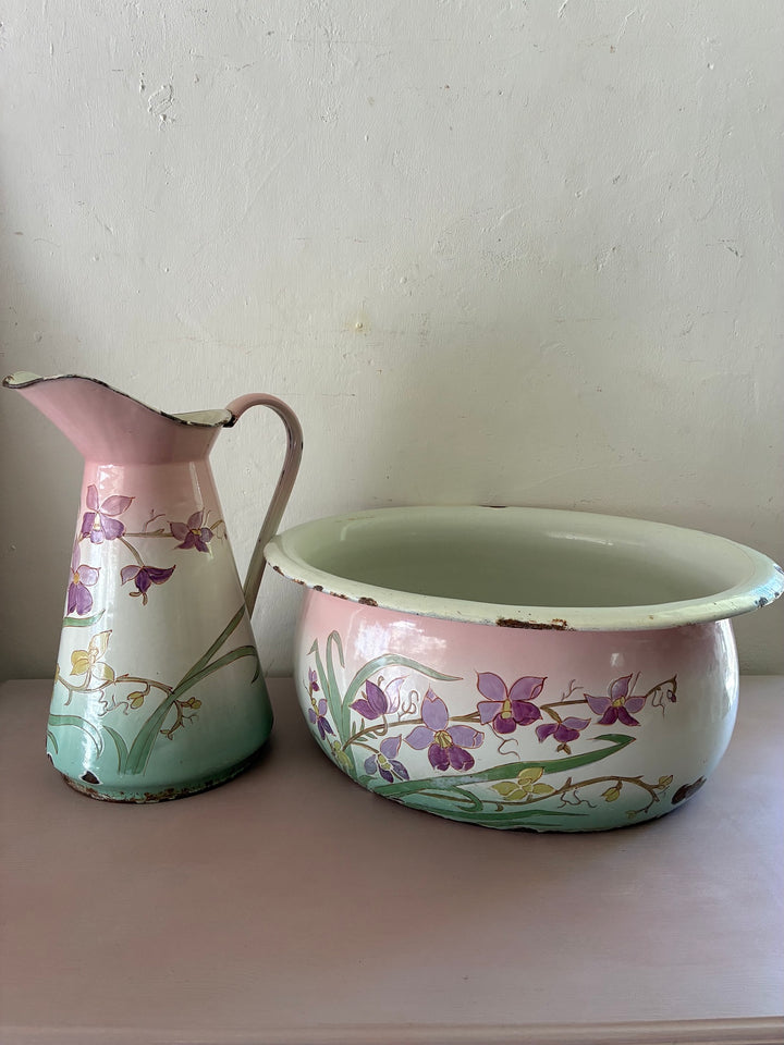 Art Nouveau French enamel jug and bowl set with pastel floral design from c1900, available at Source for the Goose, Devon.