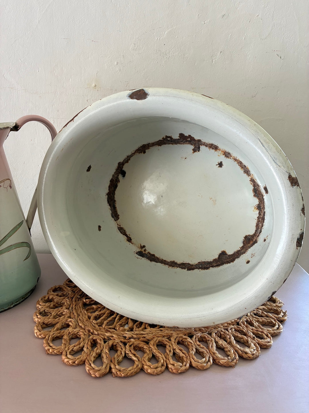 Vintage pastel floral enamel bowl with signs of age, showcasing Art Nouveau style, from Source for the Goose, Devon.