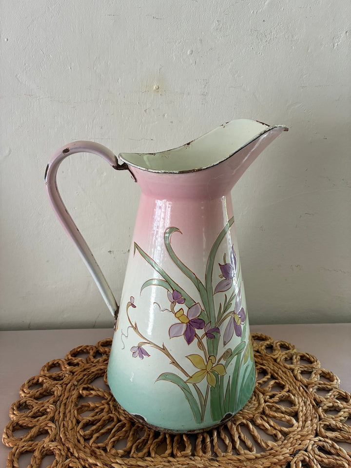 Art Nouveau French enamel pitcher with pastel floral design, a vintage piece from Source for the Goose, Devon.
