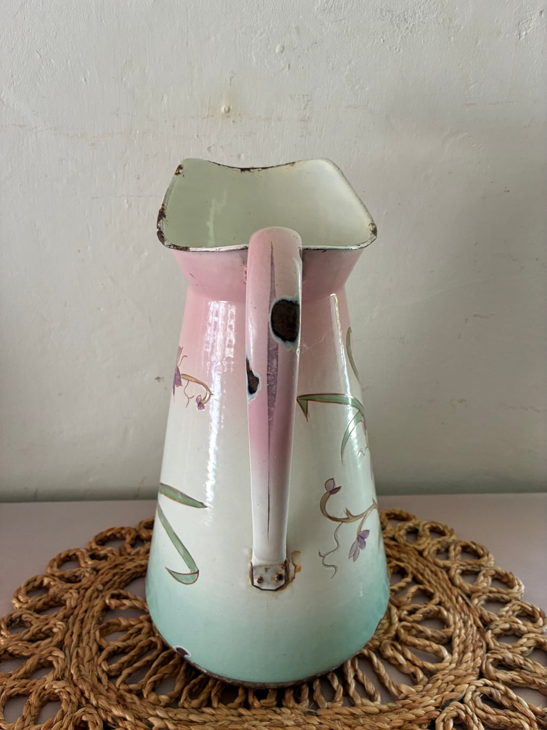 Art Nouveau French enamel jug in pastel colors with floral design, sourced from Source for the Goose, Devon.