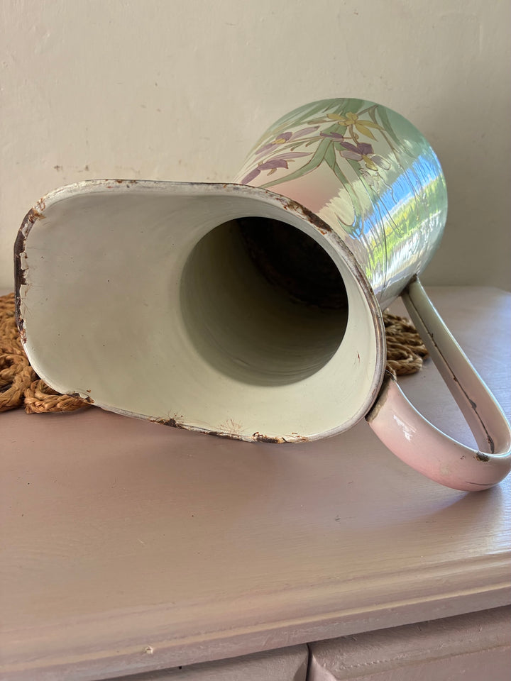 Art Nouveau French enamel jug featuring pastel floral design, ideal for vintage decor from Source for the Goose, Devon.