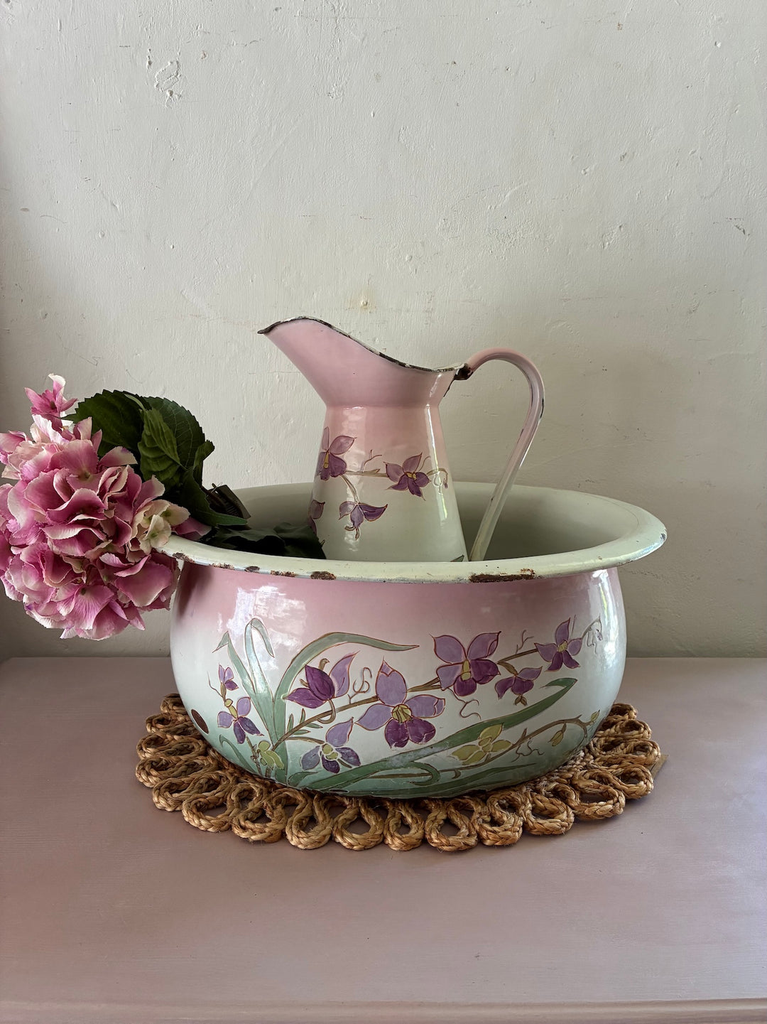 Art Nouveau French Enamel Jug and Bowl Set with pastel floral design, perfect for vintage decor from Source for the Goose, Devon.