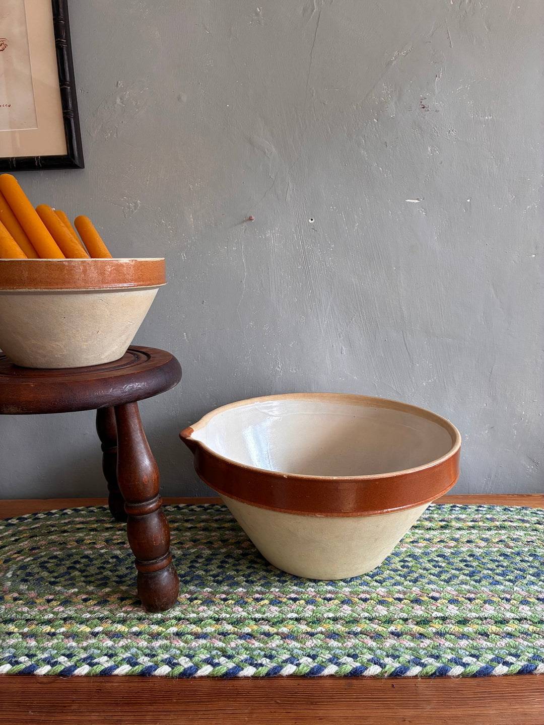 Vintage French Dairy Bowl with brown slip border, perfect for mixing or cheese making, from Source for the Goose, Devon.
