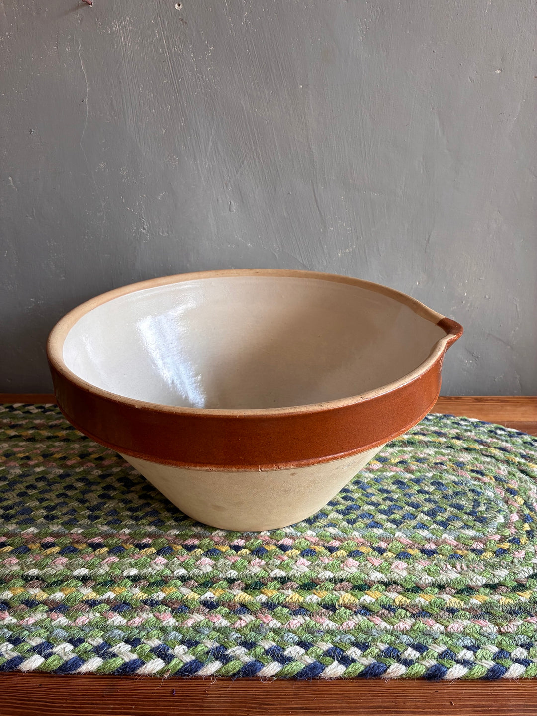 Vintage French Tian Dairy Bowl with brown slip border and pouring lip, perfect for kitchen use from Source for the Goose, Devon.
