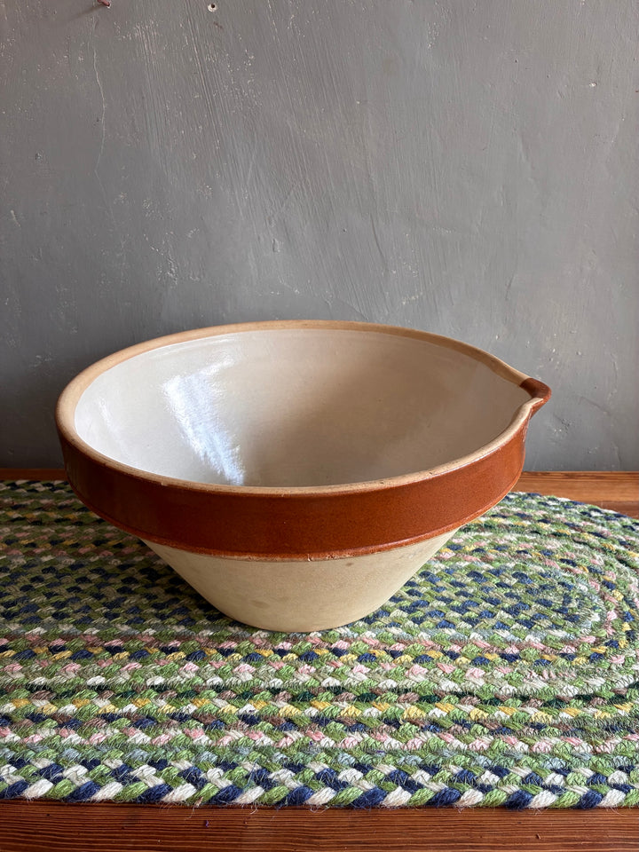 Vintage French Tian Dairy Bowl with brown slip border and pouring lip, perfect for kitchen use from Source for the Goose, Devon.