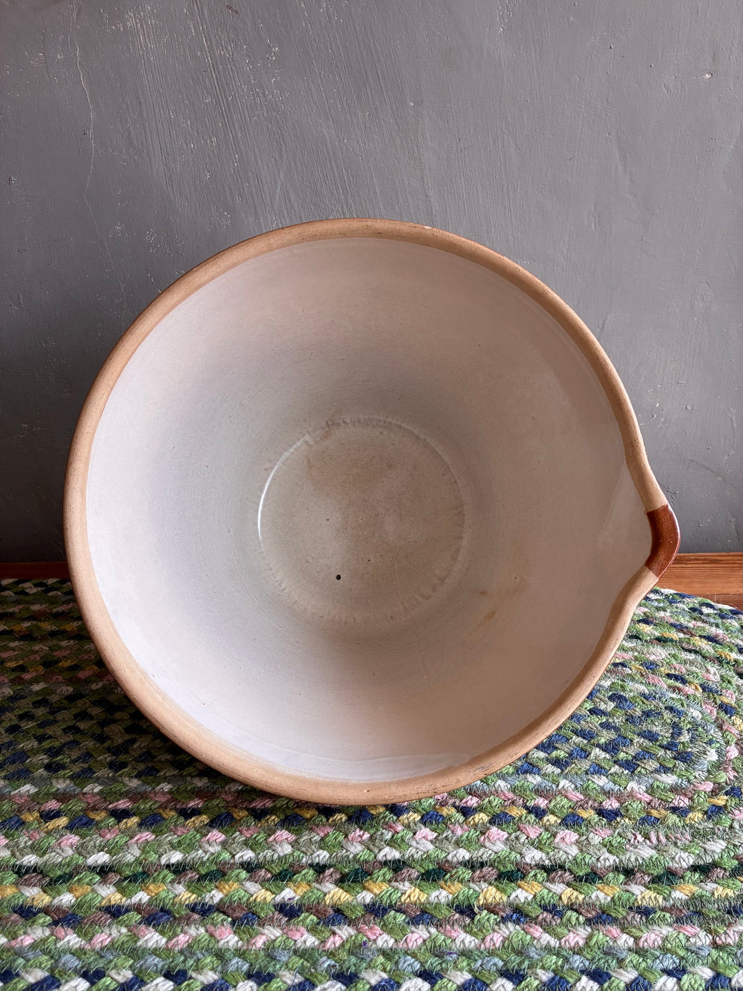 Vintage French Tian Dairy Bowl with glaze finish and traditional pouring lip by Source for the Goose, Devon.