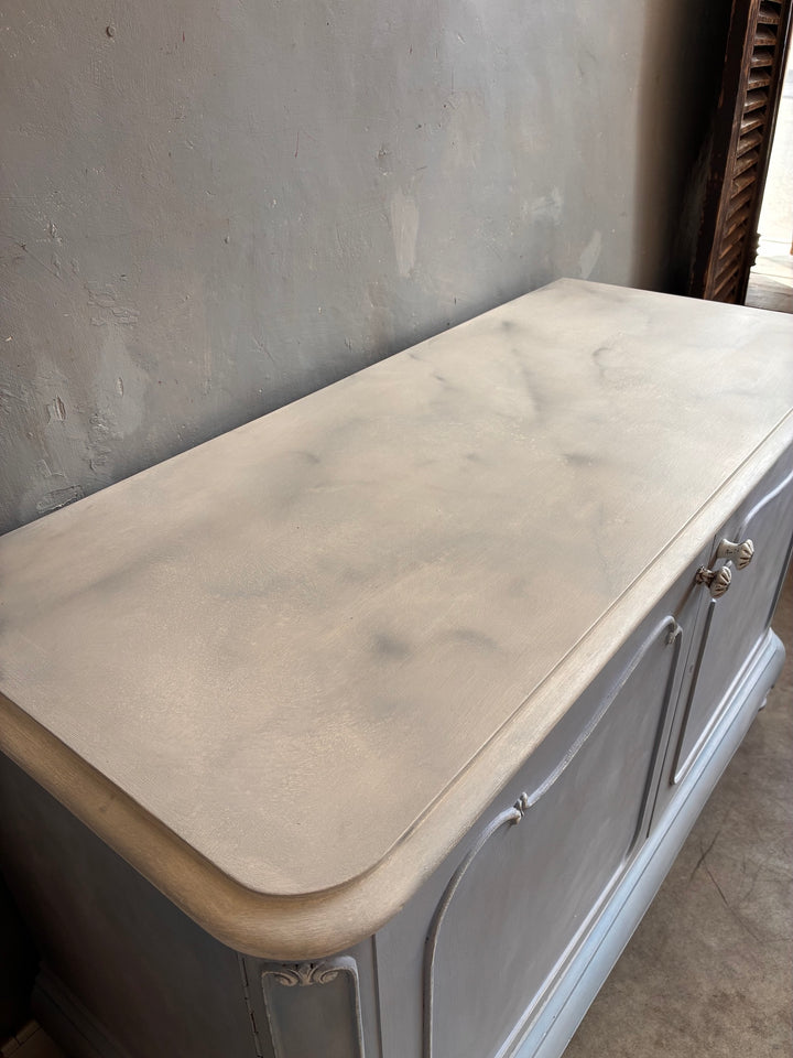 French Style Sideboard - Soft Grey Blue with faux painted marble top and soft grey-blue finish.
