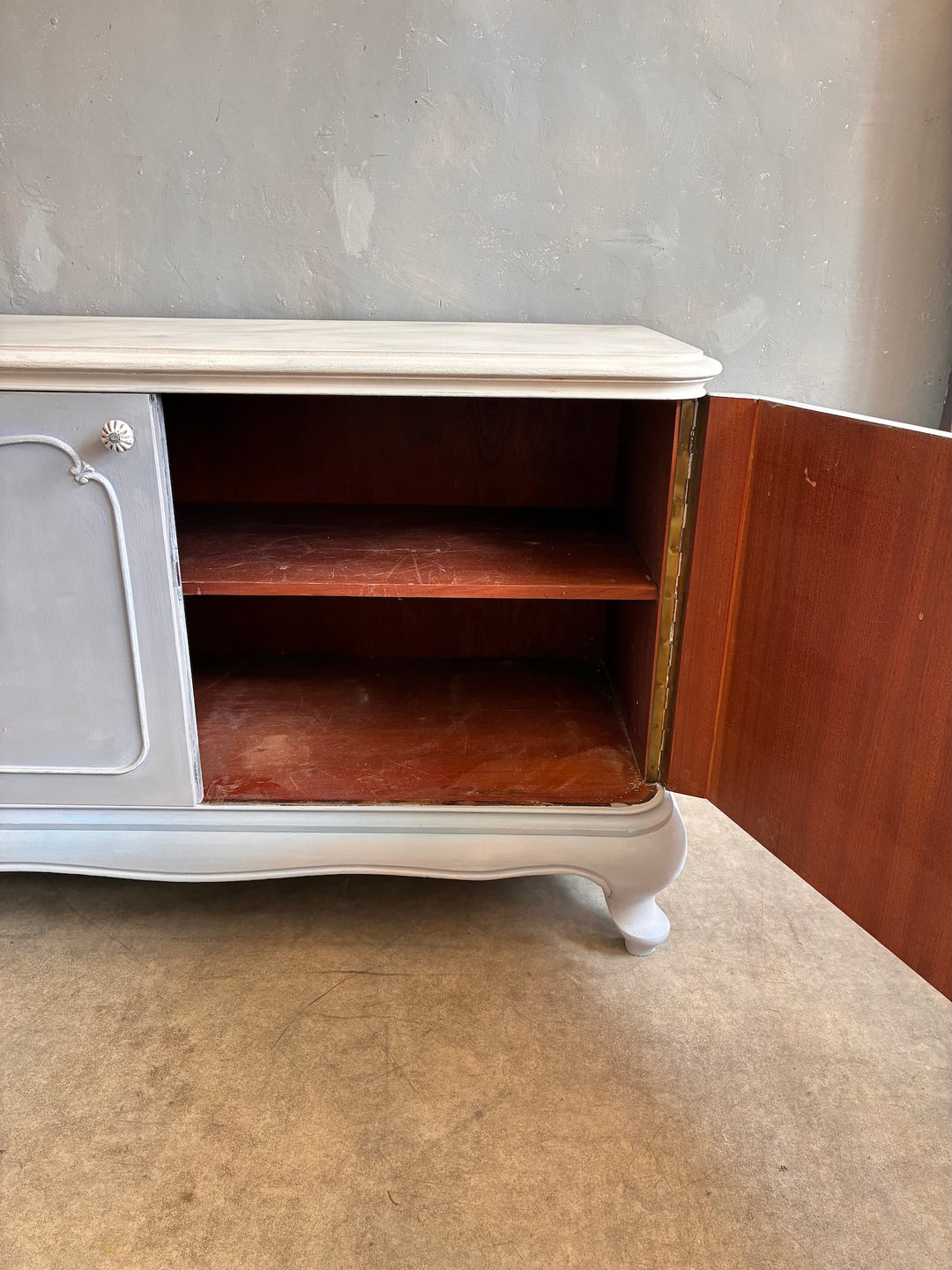 French Style Sideboard - Soft Grey Blue interior with a single shelf and open door, showcasing its elegant design.