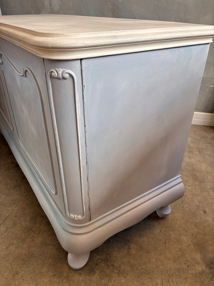 French Style Sideboard - Soft Grey Blue showcasing faux marble top and delicate carvings, perfect for elegant decor.